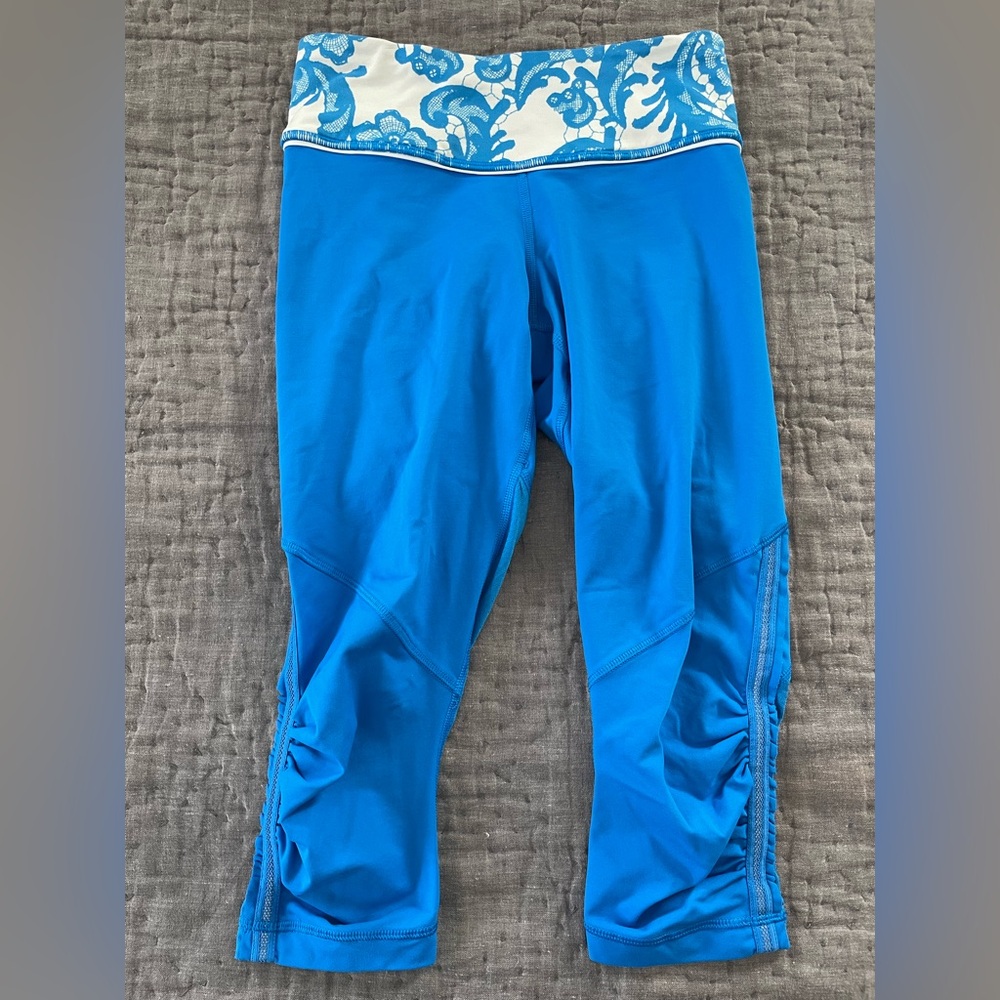 Lululemon Run For Your Life Crop Legging Beaming Blue Laceoflage Cream Band Sz 4